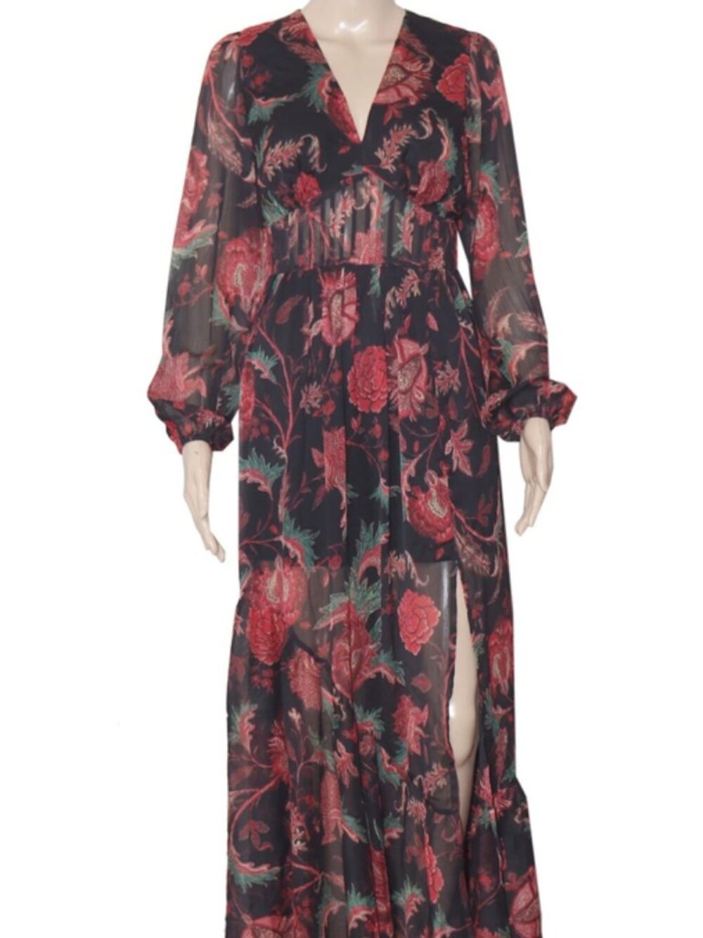 ONLY Women Printed Slit Detail Maxi Dress Floral Puff Sleeve Pintuck New M